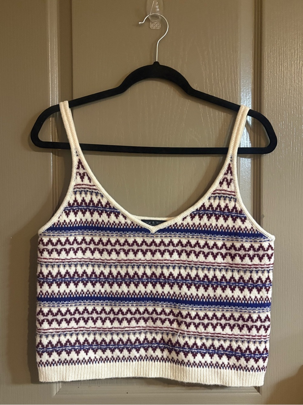 Rag & bone 100% Wool Cream Knit Cropped Tank with Purple & Blue Pattern